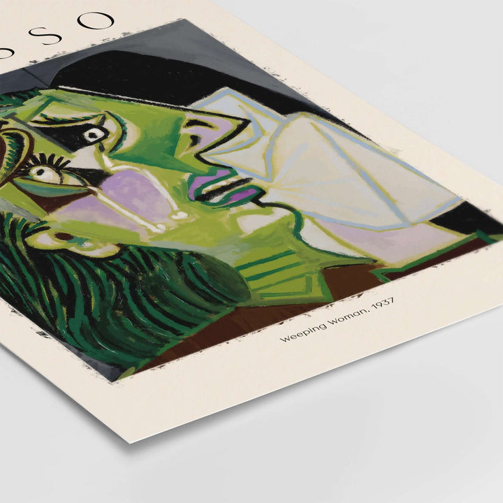 Picasso Weeping Woman 1937 art print featuring a Cubist portrait with distorted emotions and vibrant colors.
