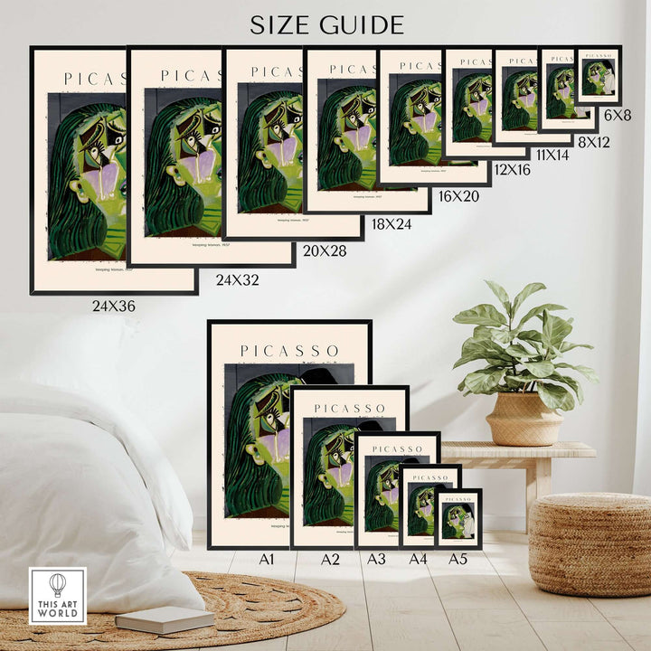 Size guide for Picasso Weeping Woman art prints, showcasing various dimensions and display options.