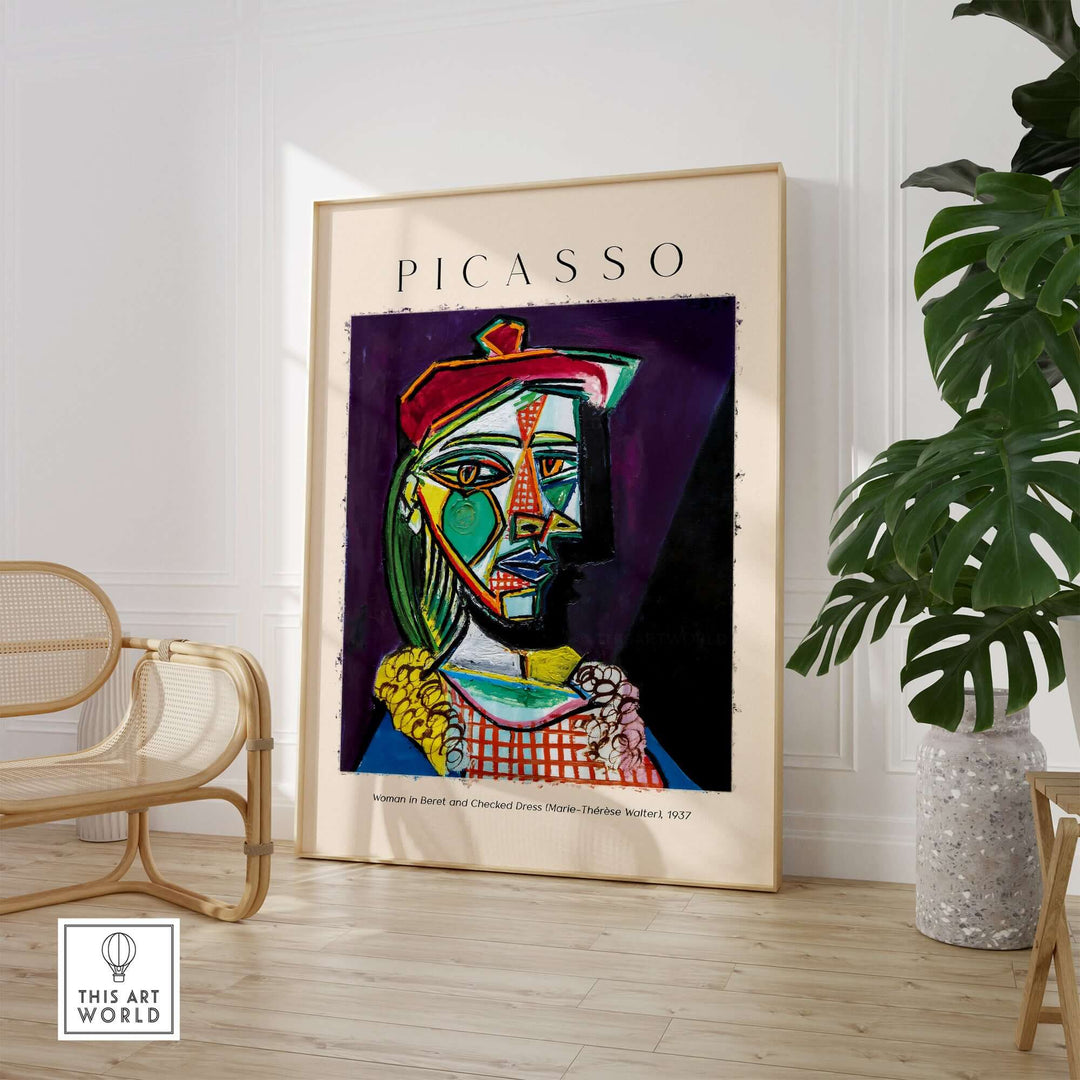 Picasso 1937 art print of a woman in beret and checked dress, vibrant cubist portrait with bold colors.