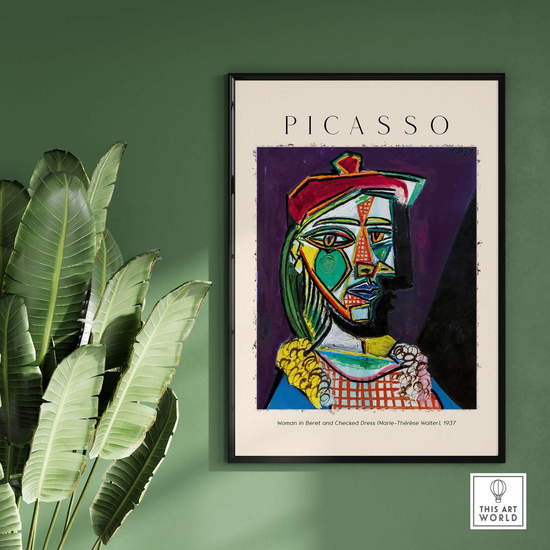 Picasso 1937 art print of woman in beret and checked dress, featuring Cubist style and vibrant colors.