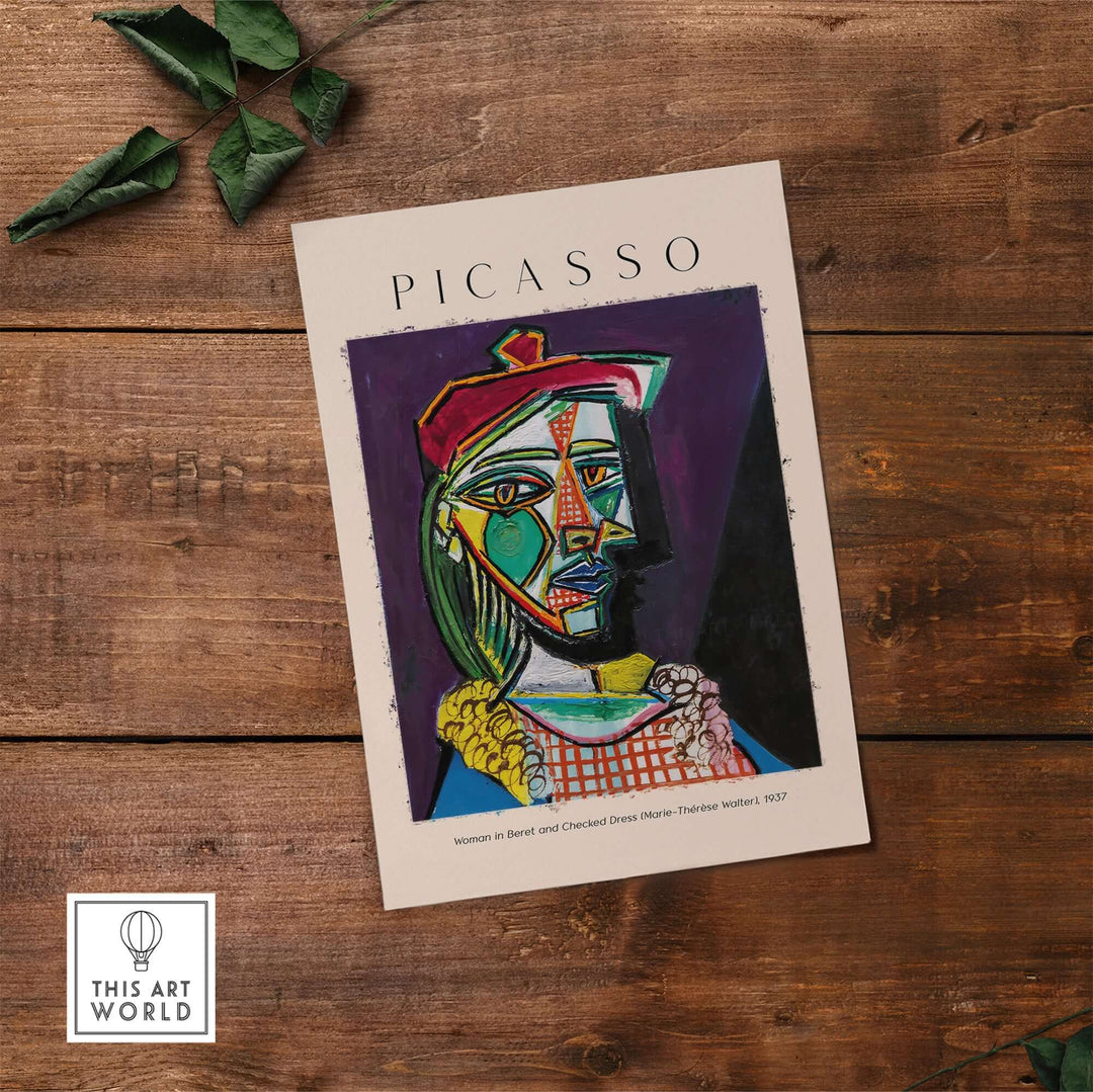 Picasso art print poster of Woman in Beret and Checked Dress (Marie-Thérèse Walter), 1937, featuring vibrant cubist design.