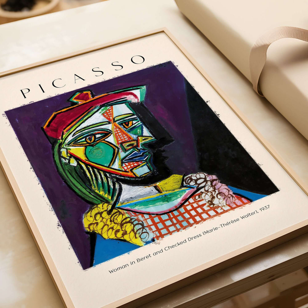 Picasso art print of woman in beret and checked dress, vibrant cubist portrait of Marie-Thérèse Walter, 1937.