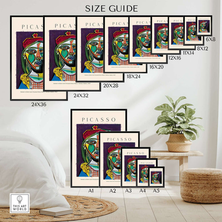 Size guide for Picasso Woman Beret cubist portrait art prints in various dimensions on a wall.