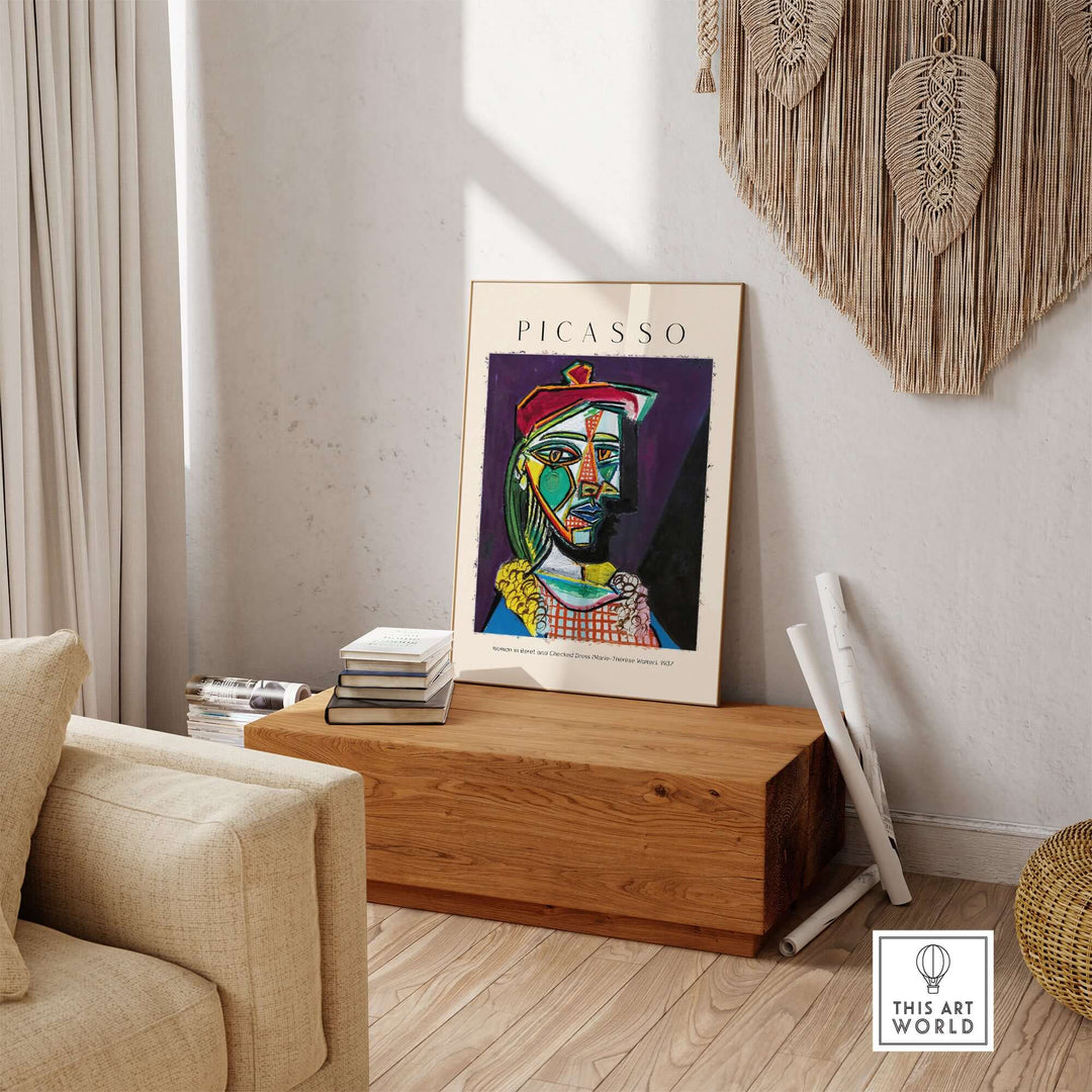 Picasso Woman in Beret and Checked Dress art print displayed in a modern living room setting.