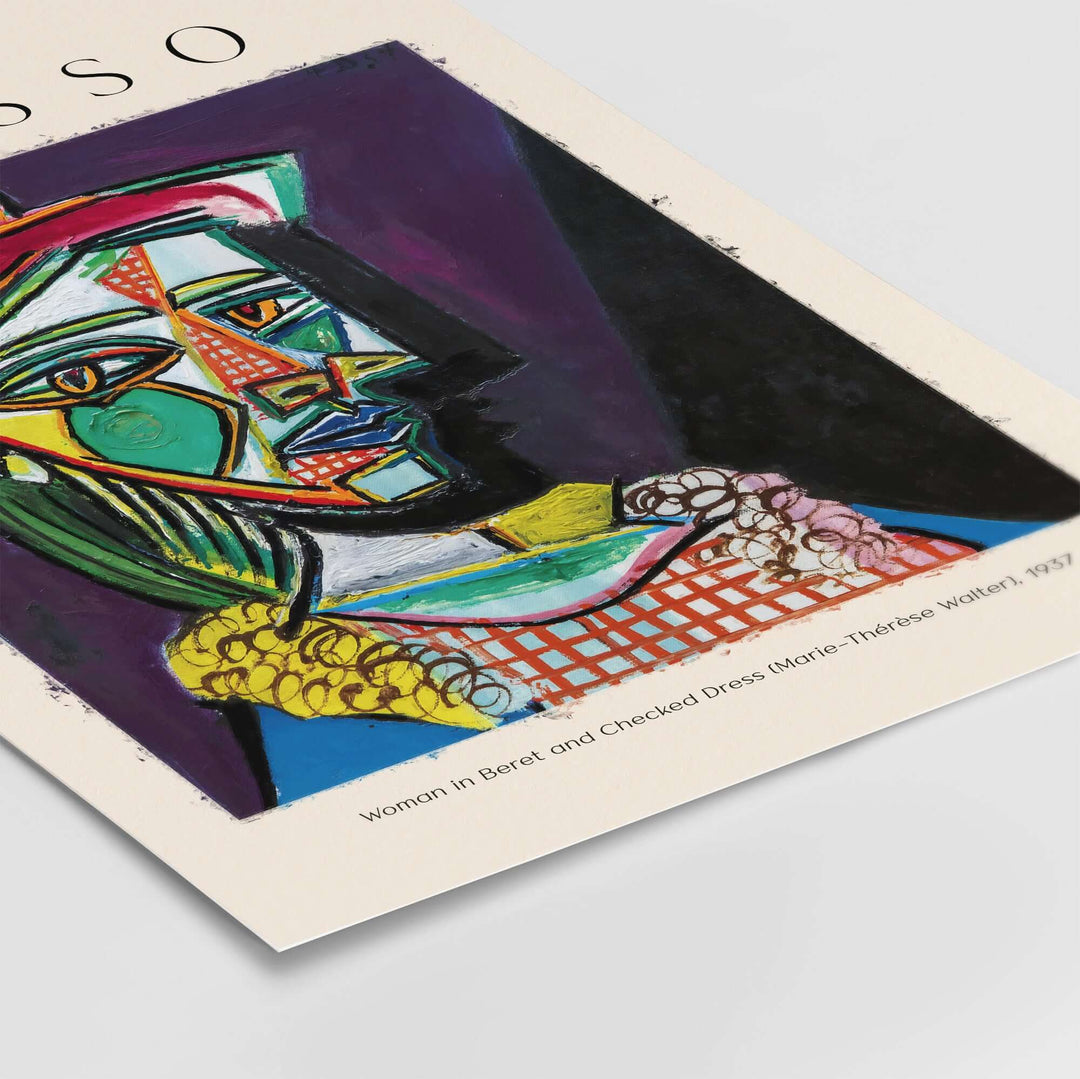 Picasso 'Woman in Beret and Checked Dress' art print featuring Marie-Thérèse Walter's Cubist portrait design.