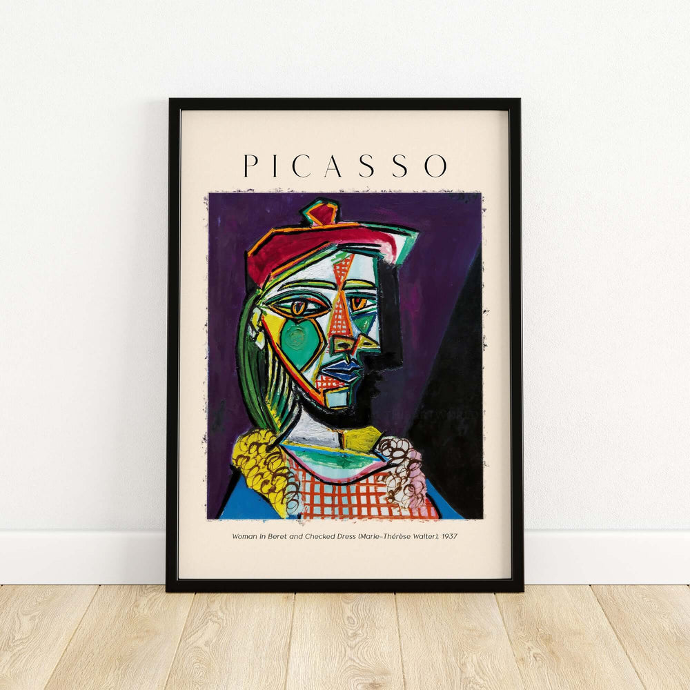 Cubist art print of Picasso's 'Woman in Beret and Checked Dress' featuring vibrant colors and bold outlines.