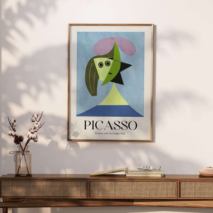Picasso Woman with Hat Olga 1935 abstract art print featuring geometric shapes in green and purple on a blue background.