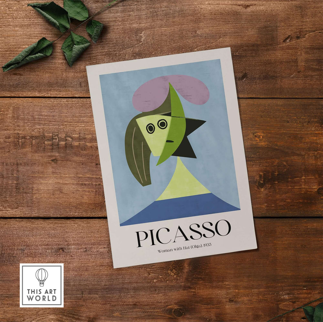 Picasso abstract art print 'Woman with Hat (Olga)' 1935, featuring simple shapes and geometric forms in vibrant colors.