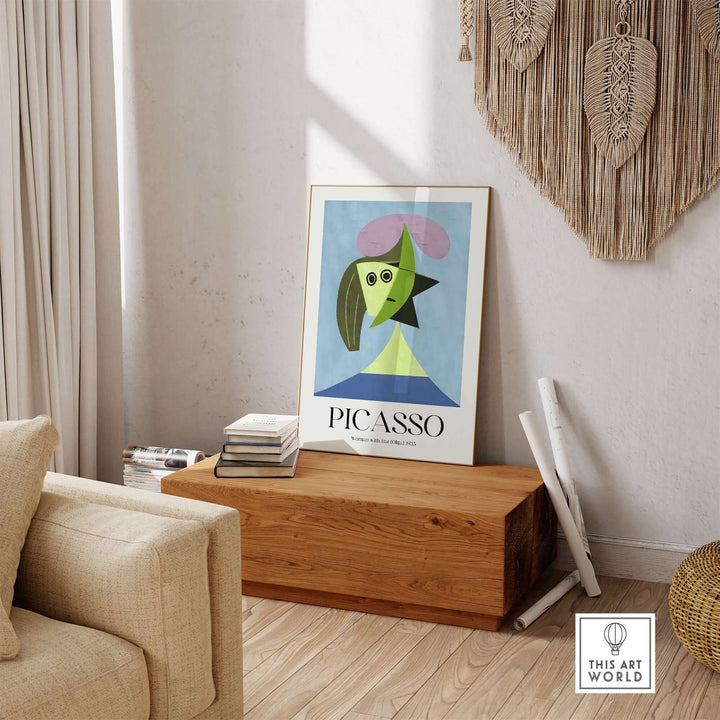 Picasso abstract art print 'Woman with Hat (Olga)' 1935 in modern living room decor, featuring green face and purple hat.