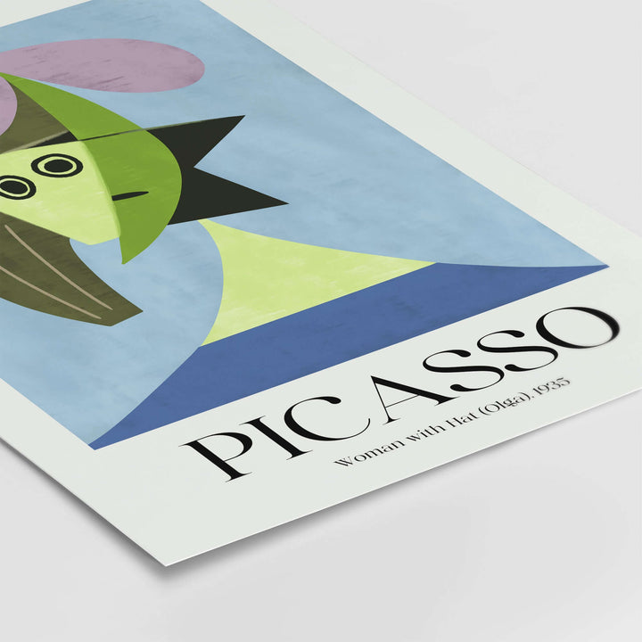 Abstract art print of Picasso's 'Woman with Hat (Olga)' featuring geometric shapes and soft colors.