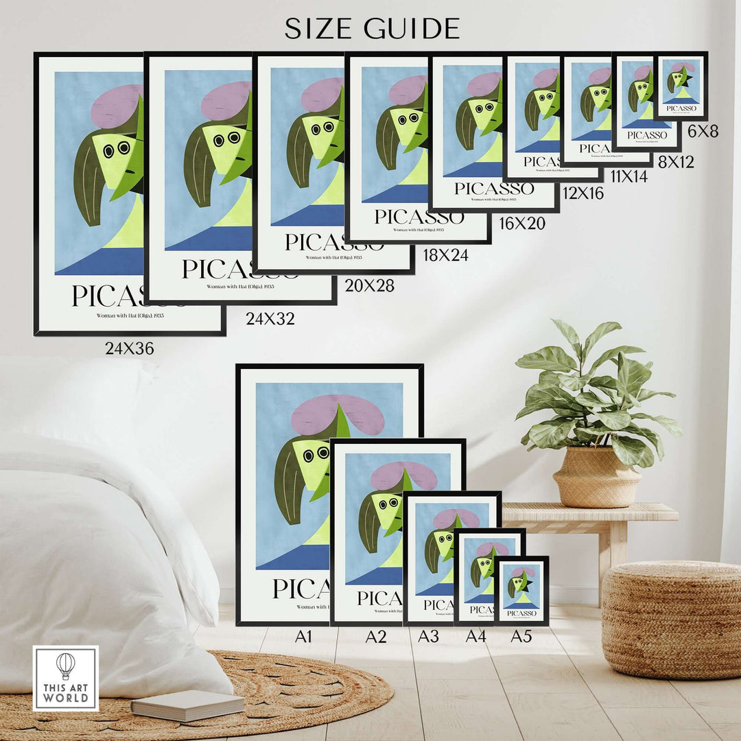 Size guide displaying various formats of Picasso's 'Woman with Hat (Olga)' art prints, including dimensions.