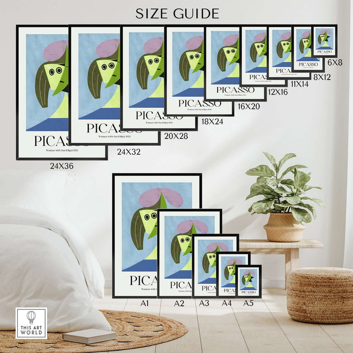 Size guide displaying various formats of Picasso's 'Woman with Hat (Olga)' art prints, including dimensions.
