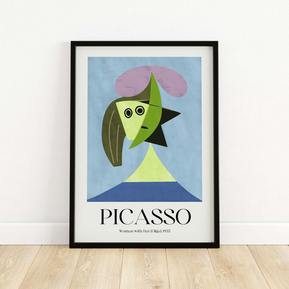 Framed abstract art print of Picasso's 'Woman with Hat (Olga)' featuring geometric shapes and vibrant colors.