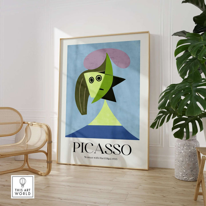 Abstract portrait art print of Picasso's 'Woman with Hat' (1935) featuring bold shapes and colors in modern decor.