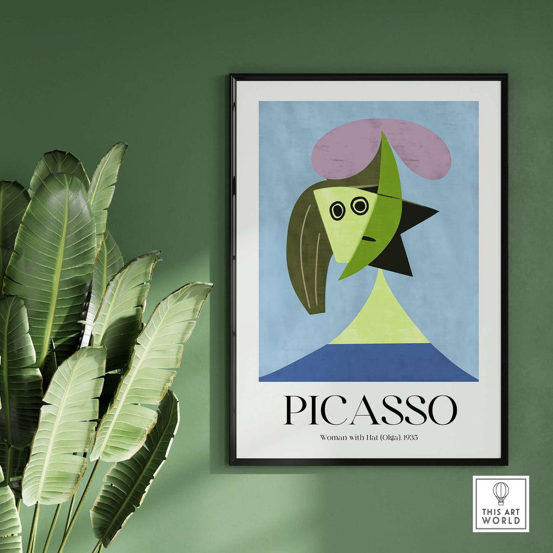 Picasso abstract art print 'Woman with Hat (Olga)' 1935 featuring geometric shapes and vibrant colors.