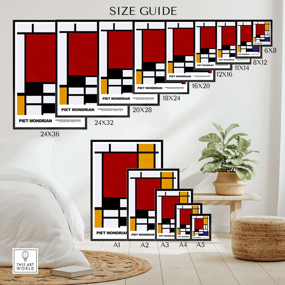 Piet Mondrian size guide showcasing various dimensions for 'Composition Red Yellow Blue' abstract prints.