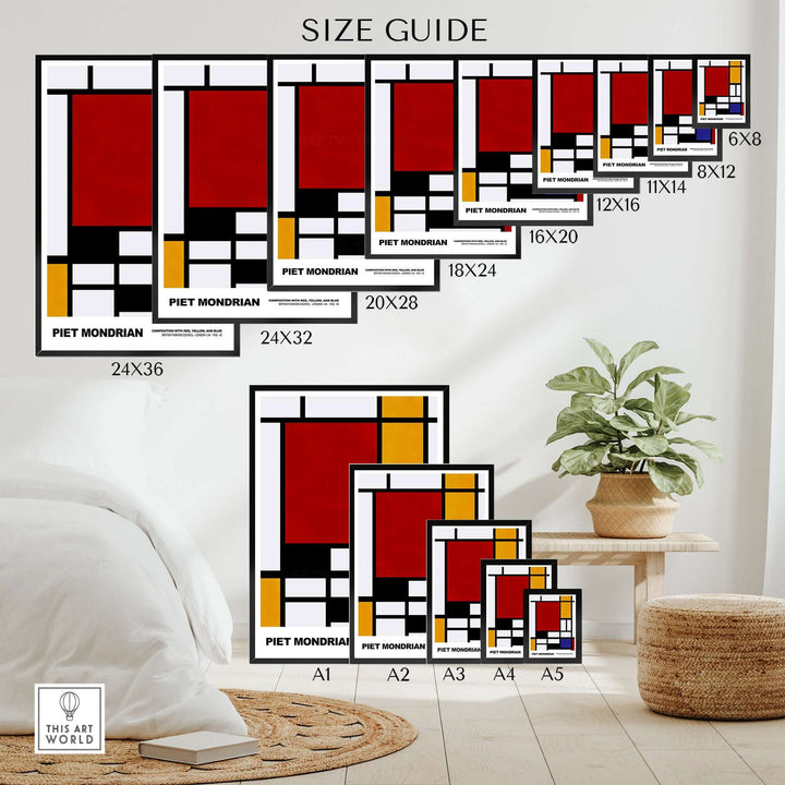 Piet Mondrian size guide showcasing various dimensions for 'Composition Red Yellow Blue' abstract prints.