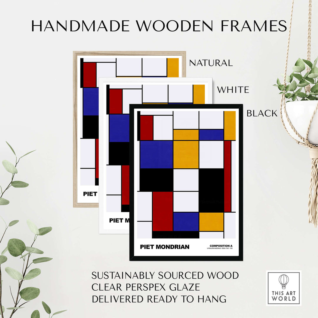 Handmade wooden frames in natural, white, and black for Piet Mondrian's Composition A art print, ready to hang.