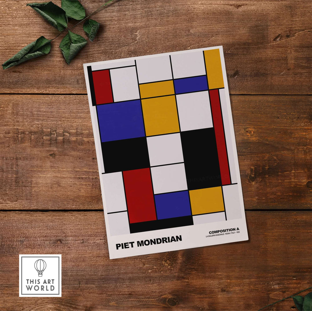 Piet Mondrian Composition A abstract art print featuring geometric shapes and primary colors for modern wall decor.