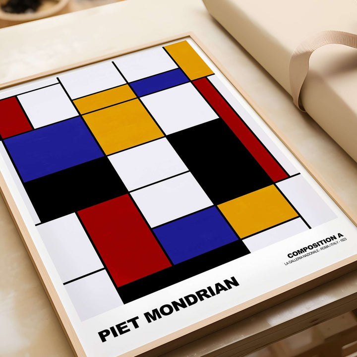 Piet Mondrian Composition A abstract art print featuring geometric shapes in primary colors, ideal for modern wall decor.