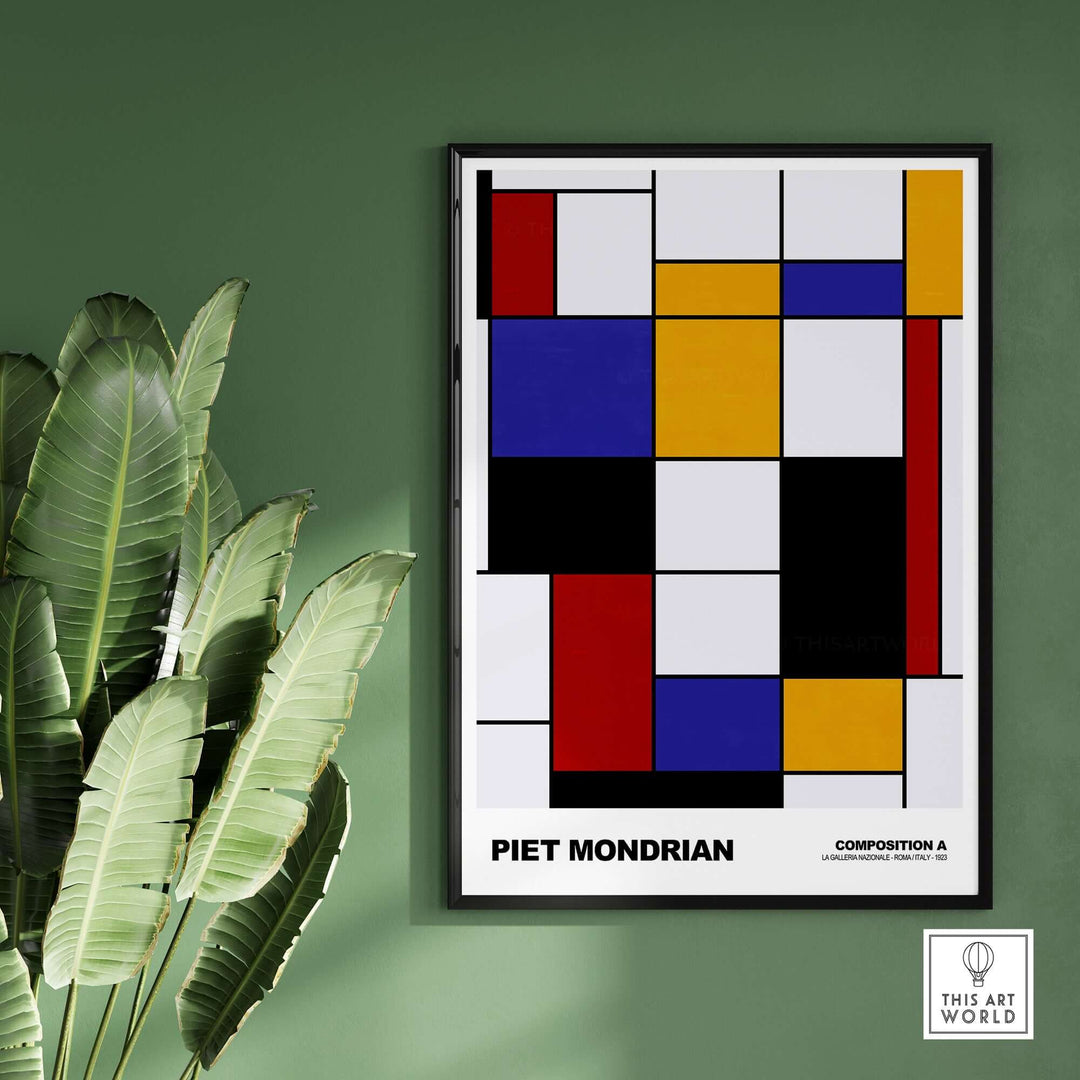 Piet Mondrian Composition A poster featuring primary colors in a geometric abstract art design on a green wall.