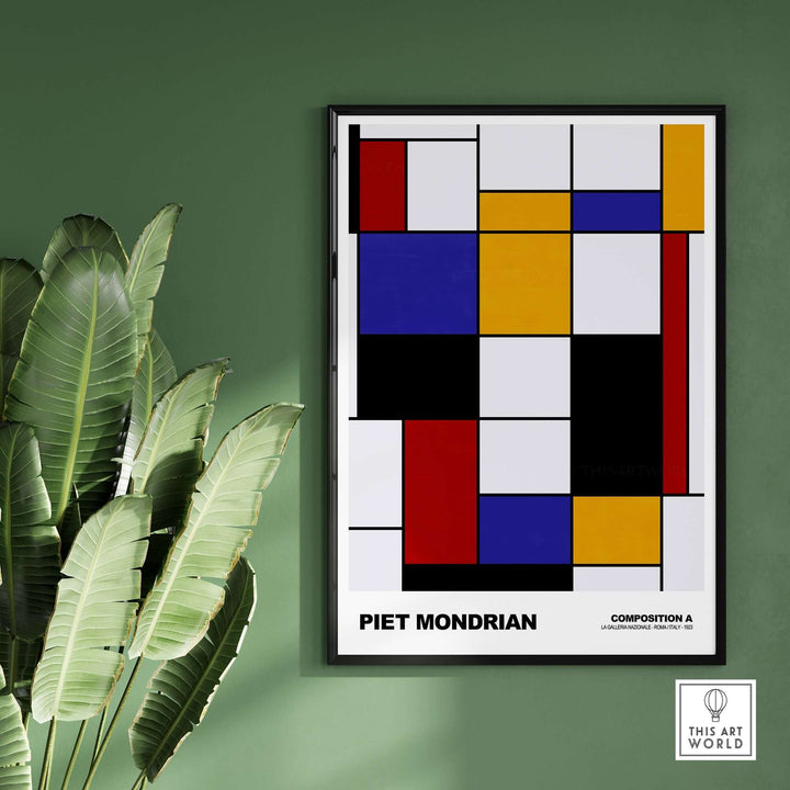 Piet Mondrian Composition A poster featuring primary colors in a geometric abstract art design on a green wall.