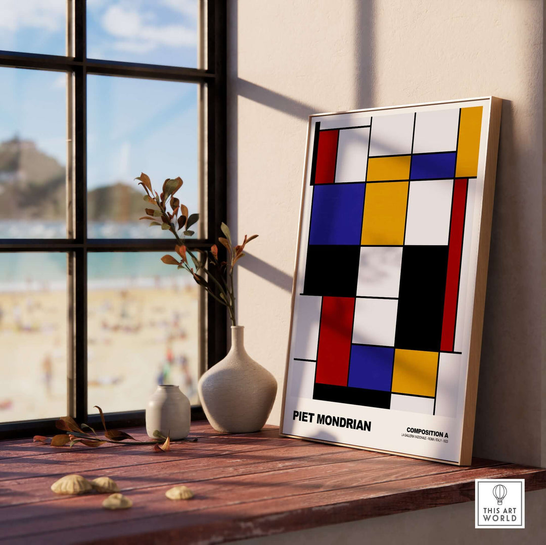 Piet Mondrian Composition A geometric abstract art print displayed by a window, featuring primary colors and black lines.