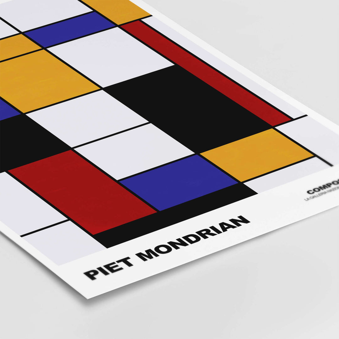 Piet Mondrian Composition A abstract art print showcasing geometric shapes in primary colors and black lines.