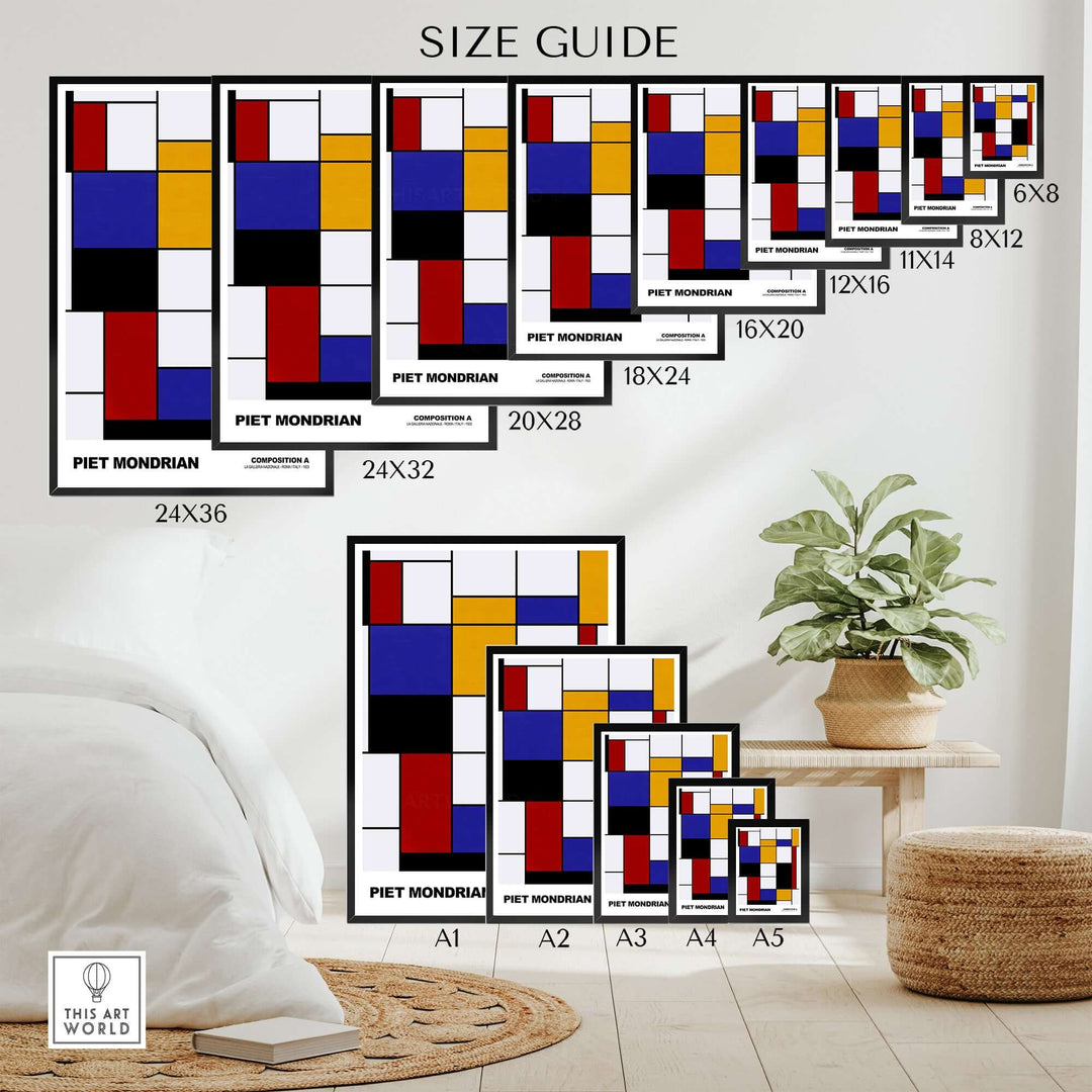 Piet Mondrian size guide for geometric abstract art prints, showcasing various dimensions for wall decor.