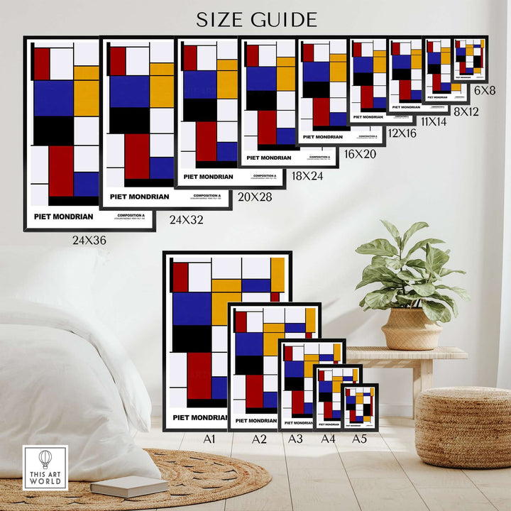 Piet Mondrian size guide for geometric abstract art prints, showcasing various dimensions for wall decor.