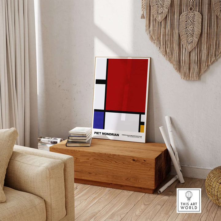 Piet Mondrian abstract art print poster featuring red, blue, yellow and geometric designs in a stylish living room setting.