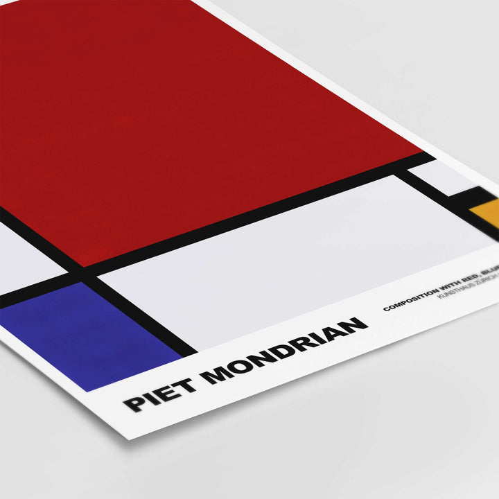 Piet Mondrian 1930 Composition Red Blue Yellow abstract art poster featuring bold geometric shapes.