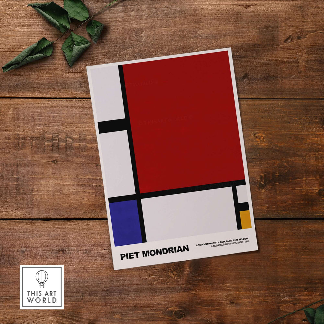 Piet Mondrian 1930 abstract art print featuring red, blue, and yellow geometric shapes on a white background.