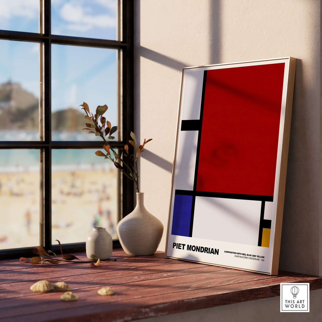 Piet Mondrian geometric art print featuring red, blue, and yellow design in modern interior setting.