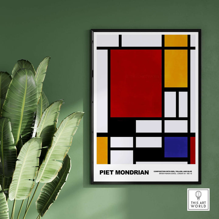 Piet Mondrian 1939 abstract art print with red, yellow, blue rectangles and black lines framed on green wall.