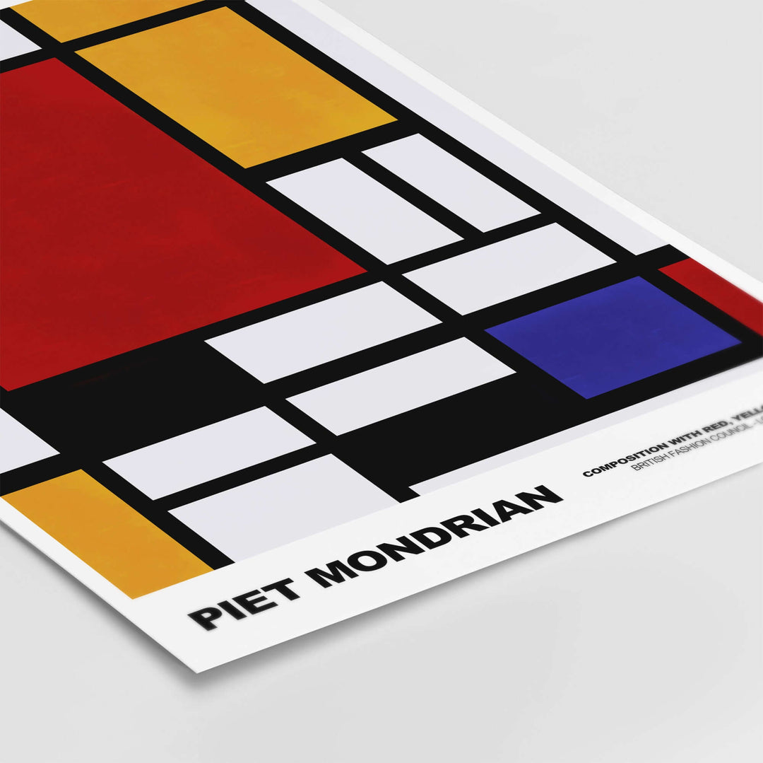 Piet Mondrian Composition Red Yellow Blue 1939 poster showcasing geometric abstract art with vibrant colors.