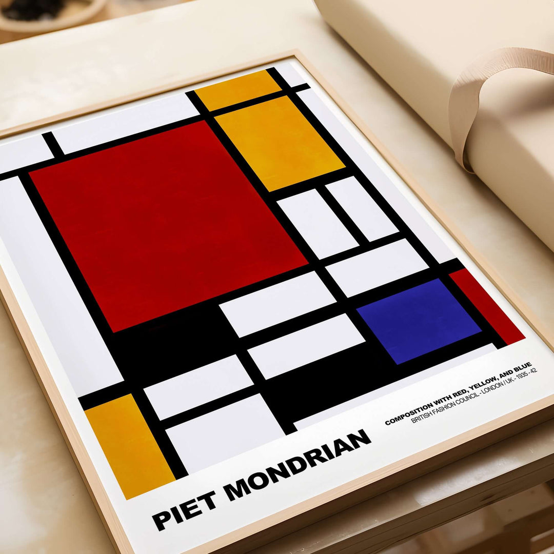 Piet Mondrian Composition Red Yellow Blue 1939 poster featuring geometric abstraction and De Stijl style.