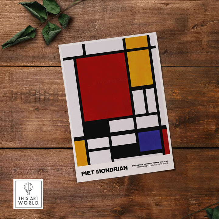 Piet Mondrian Composition Red Yellow Blue 1939 art print featuring geometric abstraction on a wooden surface.