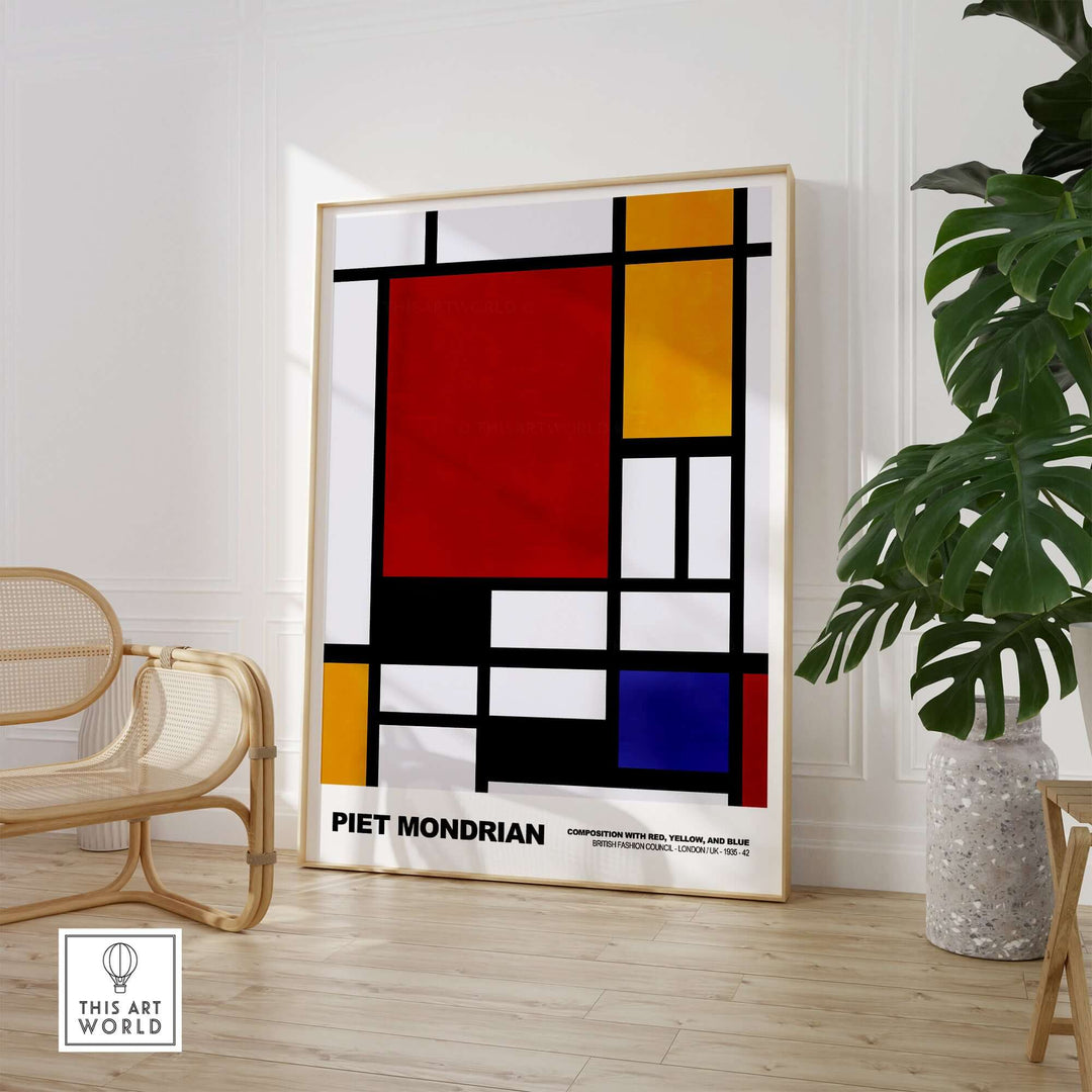 Piet Mondrian 'Composition Red Yellow Blue' poster in a modern living space with geometric abstract design.