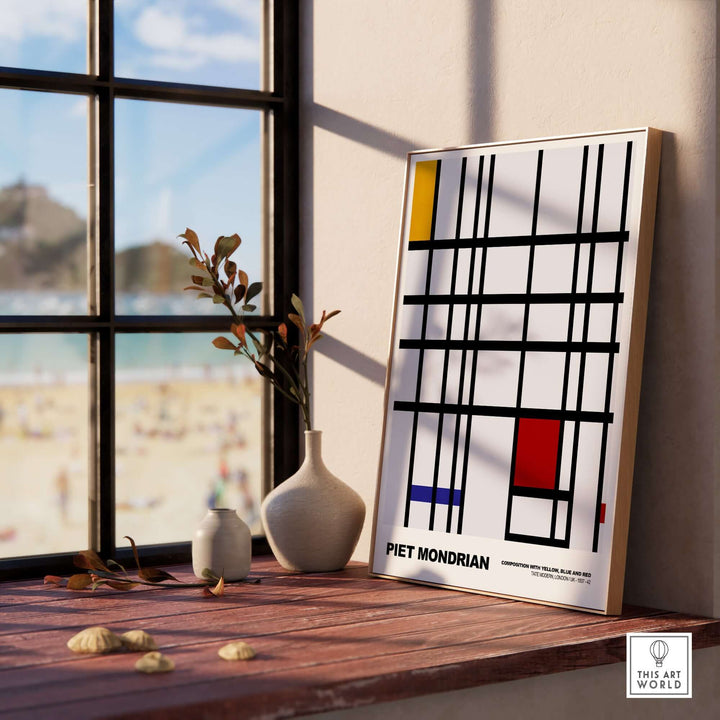 Piet Mondrian Composition Yellow Blue Red 1937 art print poster showcasing geometric grid design with primary colors.