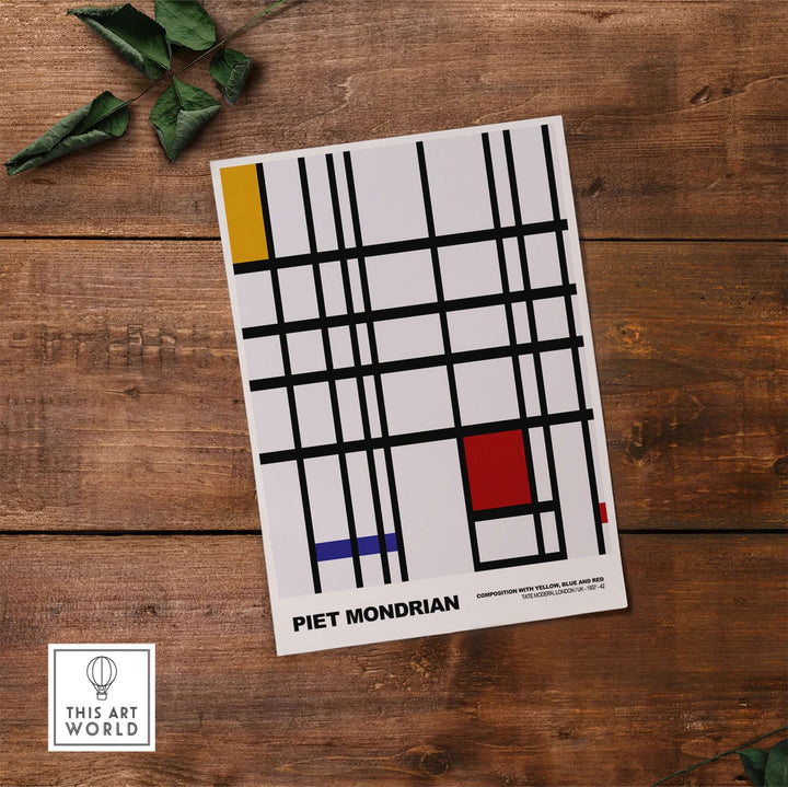 Piet Mondrian abstract grid art print featuring yellow, blue, red, and black lines on a wood surface.