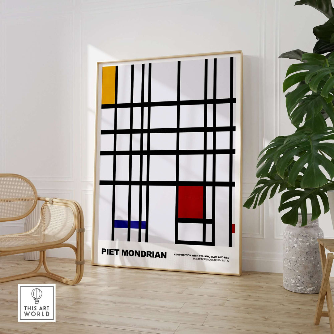 Piet Mondrian 1937 art print featuring yellow, blue, and red abstract grid design in a modern interior.