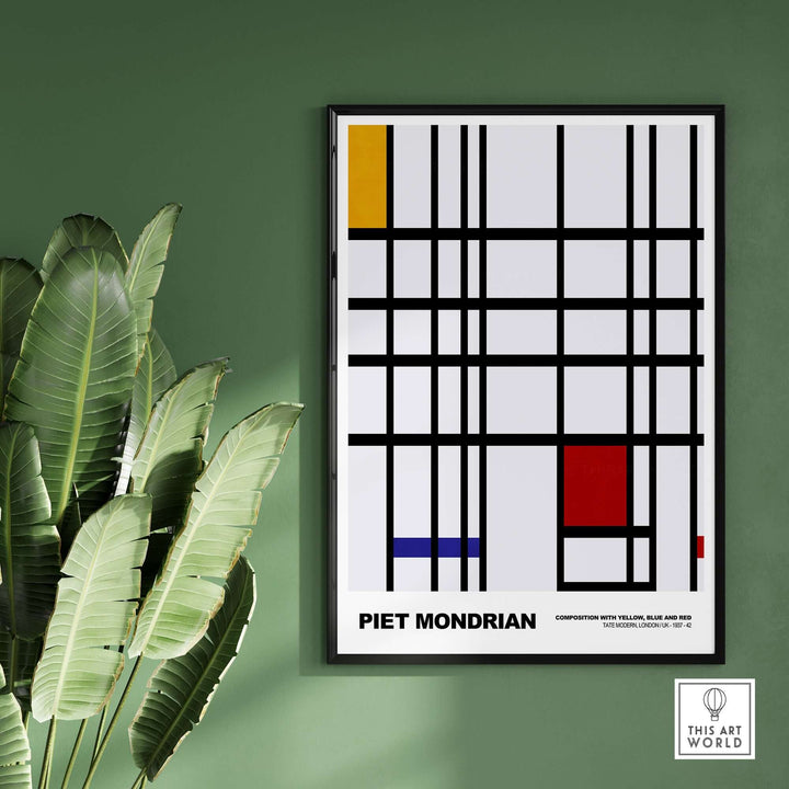Piet Mondrian Composition with Yellow, Blue, and Red abstract art print on green wall, featuring geometric grid design.