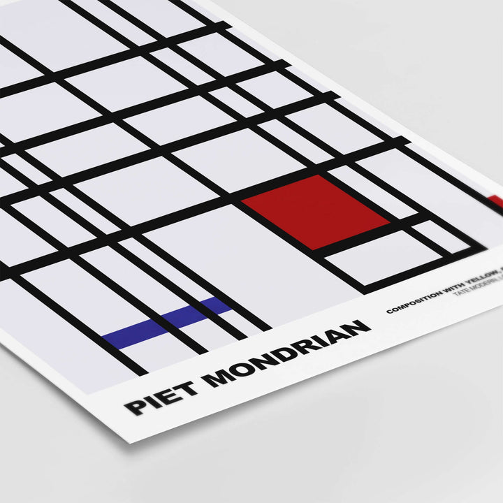 Piet Mondrian Composition Yellow Blue Red 1937 abstract art print poster featuring geometric grid and primary colors.