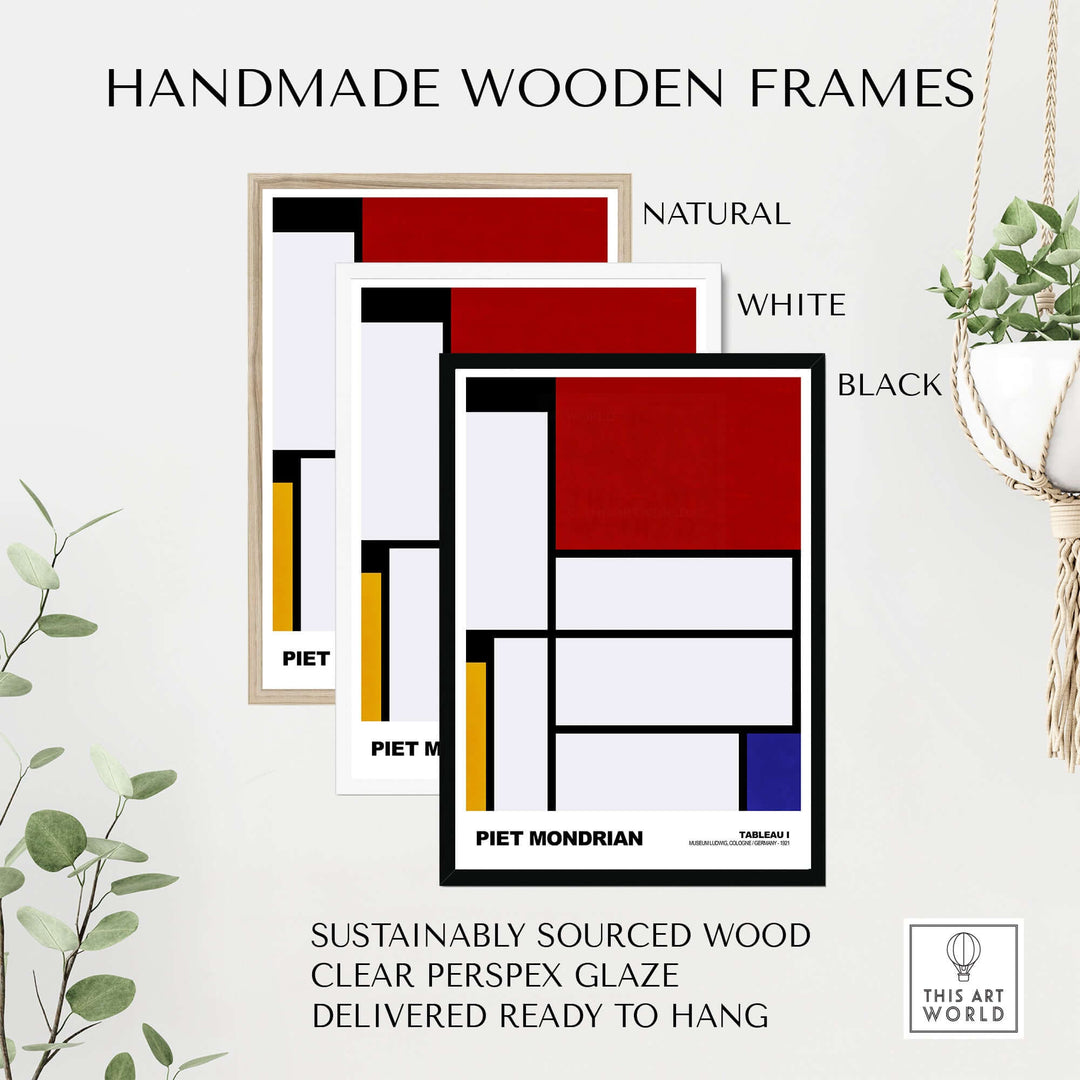 Three handmade wooden frames in natural, white, and black displaying Piet Mondrian art prints, ready to hang.