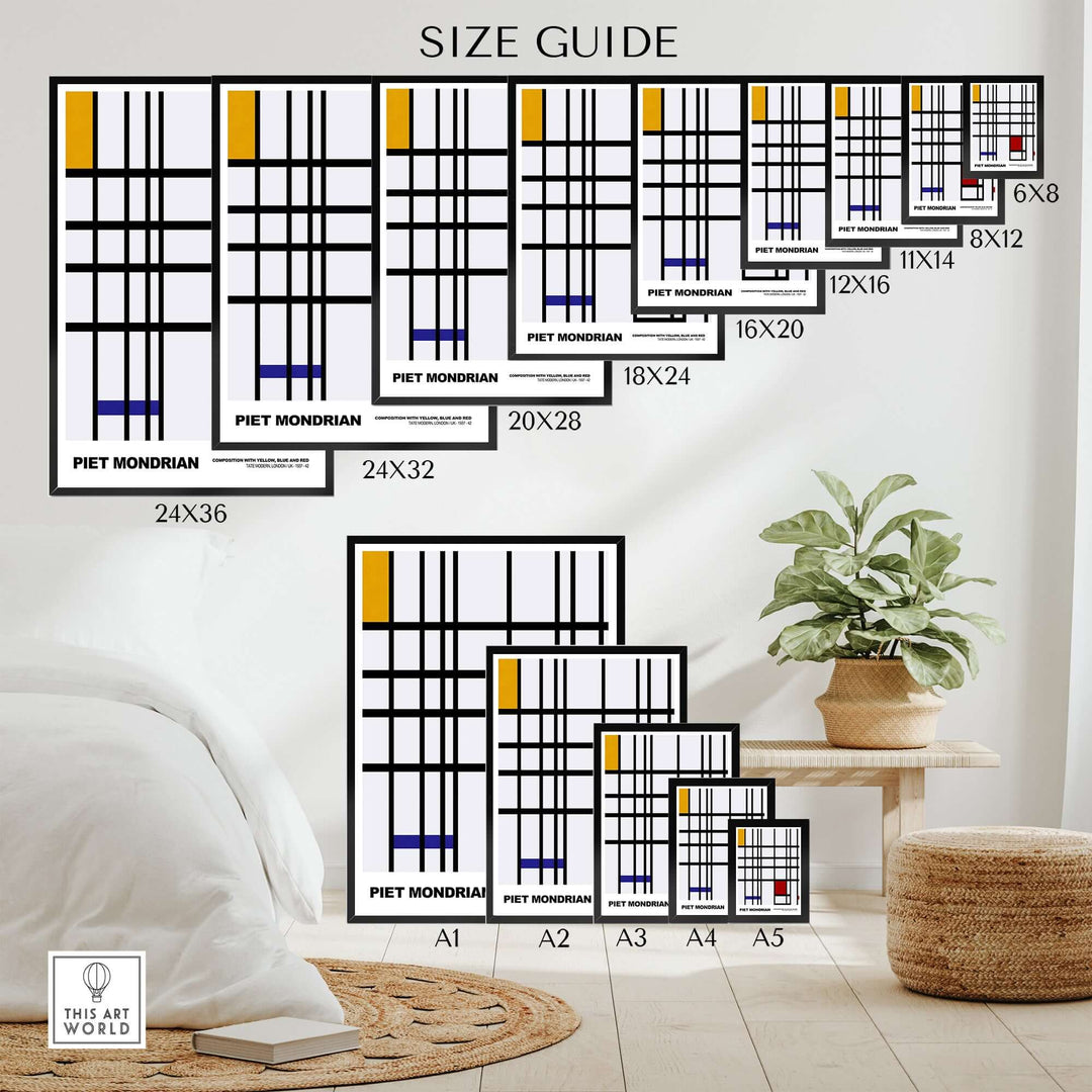 Piet Mondrian size guide for abstract art prints featuring grid designs in multiple dimensions.