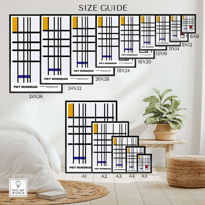 Piet Mondrian size guide for abstract art prints featuring grid designs in multiple dimensions.