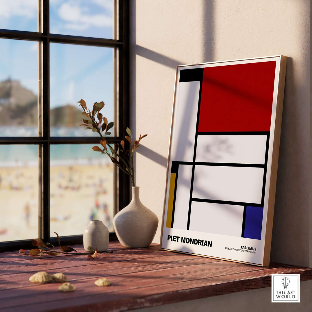 Piet Mondrian Tableau I 1921 abstract geometric poster in a modern interior setting with beach view.