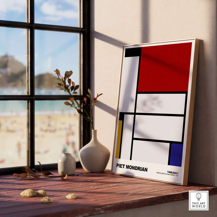 Piet Mondrian Tableau I 1921 abstract geometric poster in a modern interior setting with beach view.