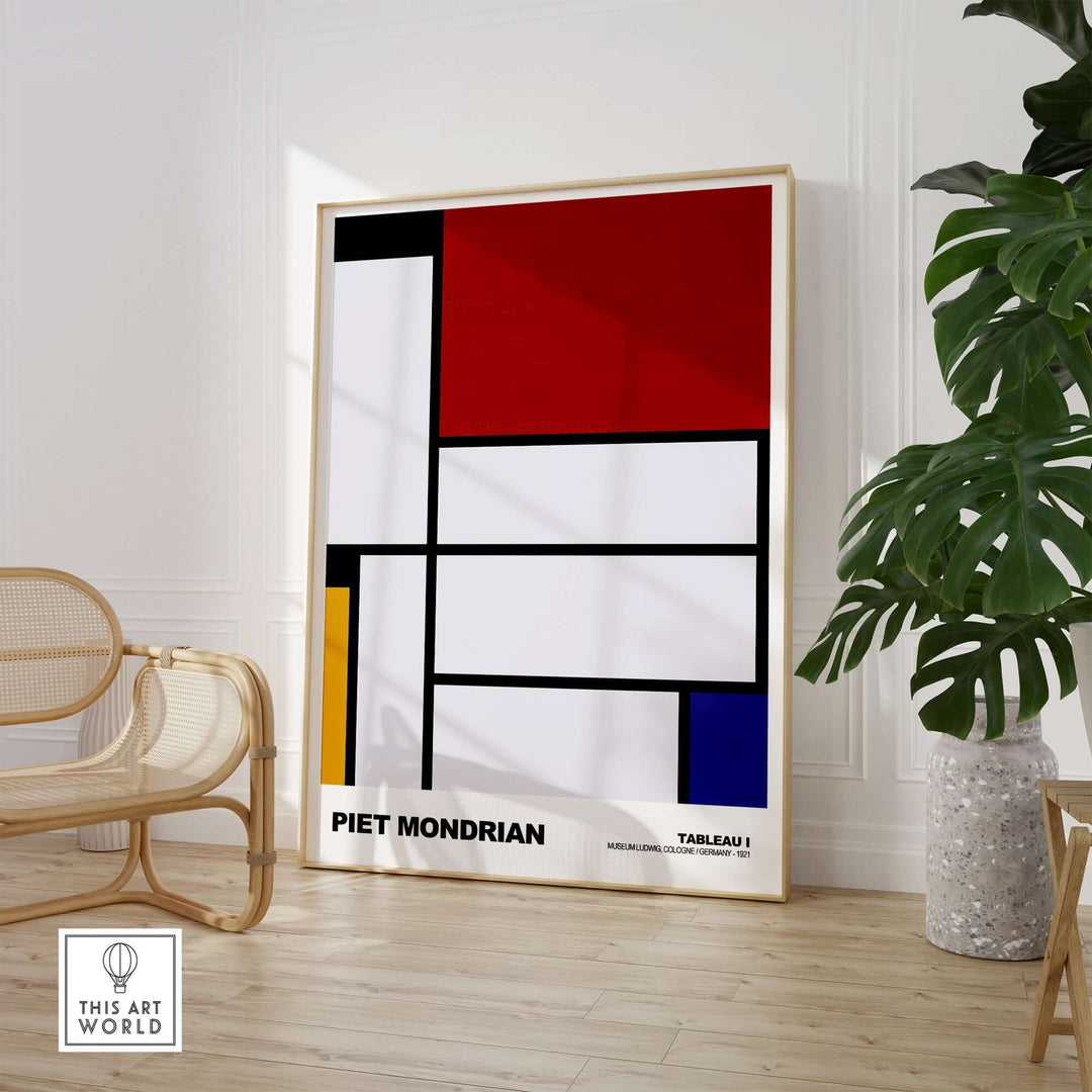 Piet Mondrian Tableau I 1921 abstract geometric art poster with red, blue, and yellow colors in modern interior setting.